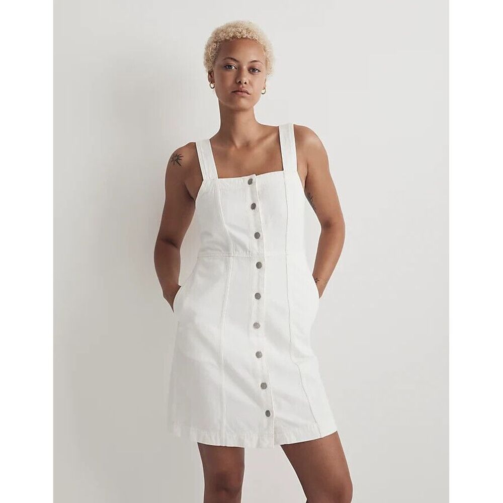 Madewell Denim Square-Neck Sleeveless Mini Dress‎ in Tile White Size 2